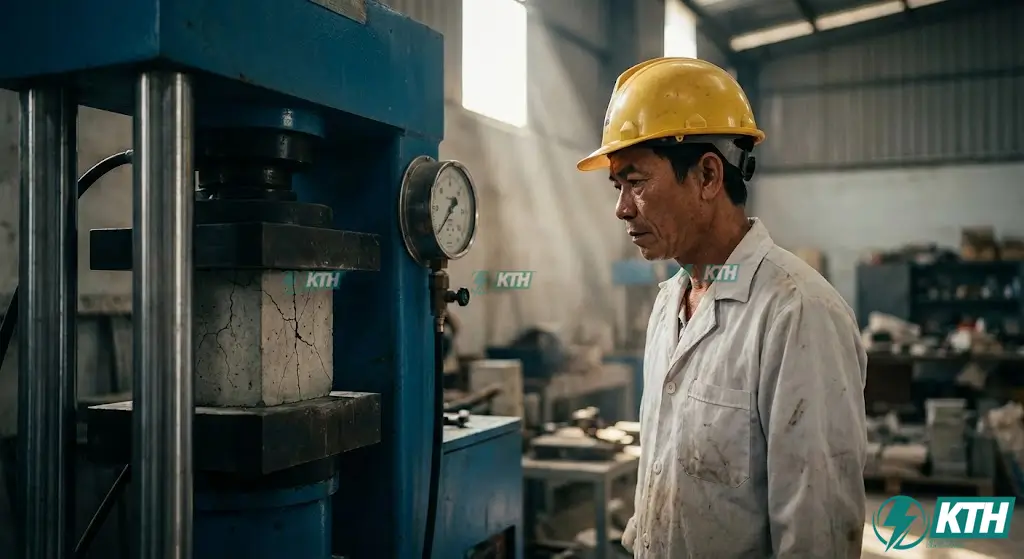 Thí nghiệm nén bê tông: Quy trình chuẩn TCVN & Cách xử lý rớt mác 1 Kỹ sư Việt Nam thực hiện thí nghiệm nén bê tông trên mẫu lập phương 150x150x150mm theo tiêu chuẩn TCVN 3118:2022 tại phòng LAS-XD.