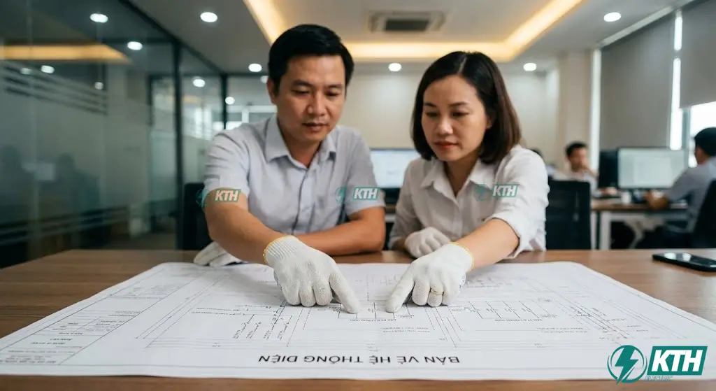 Kỹ sư điện đang kiểm tra bản vẽ thiết kế đường dẫn điện theo tiêu chuẩn TCVN 9207 và TCVN 9206.