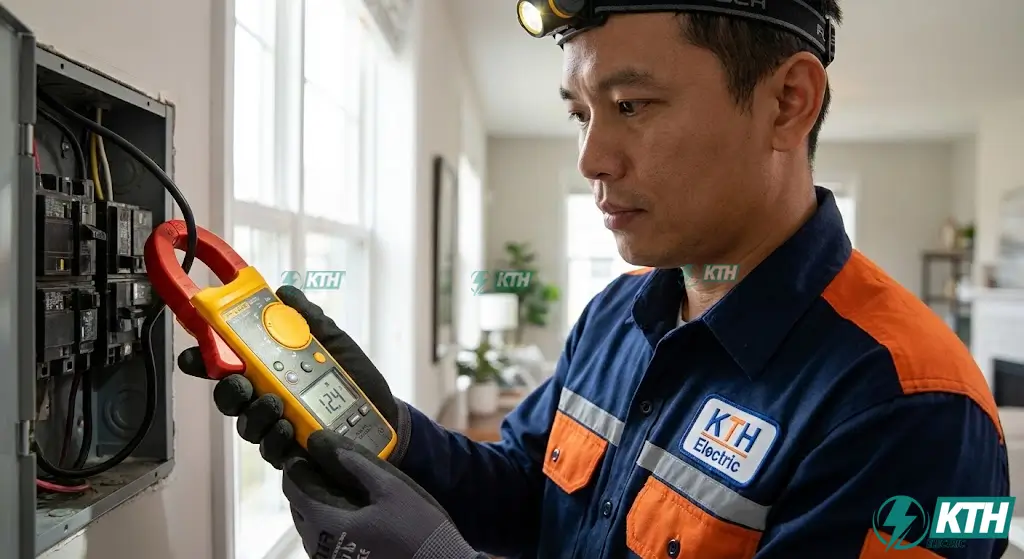 Aptomat Thỉnh Thoảng Bị Nhảy: 4 Nguyên Nhân & Cách Xử Lý (2026) 5 Thợ sửa điện dân dụng KTH Electric đang dùng ampe kìm đo dòng rò và kiểm tra aptomat bị nhảy tại nhà khách hàng TP.HCM.