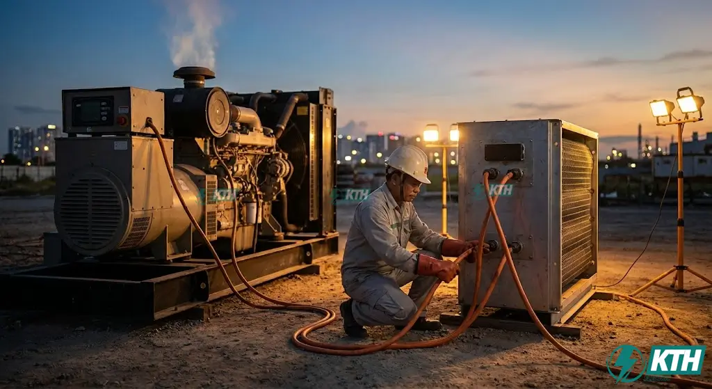 Chuyên gia kỹ thuật điện KTH Electric kết nối hệ thống tải giả (load bank) công suất lớn để thực hiện dịch vụ thử tải máy phát điện diesel, giúp kiểm tra khả năng chịu tải và làm sạch buồng đốt động cơ.