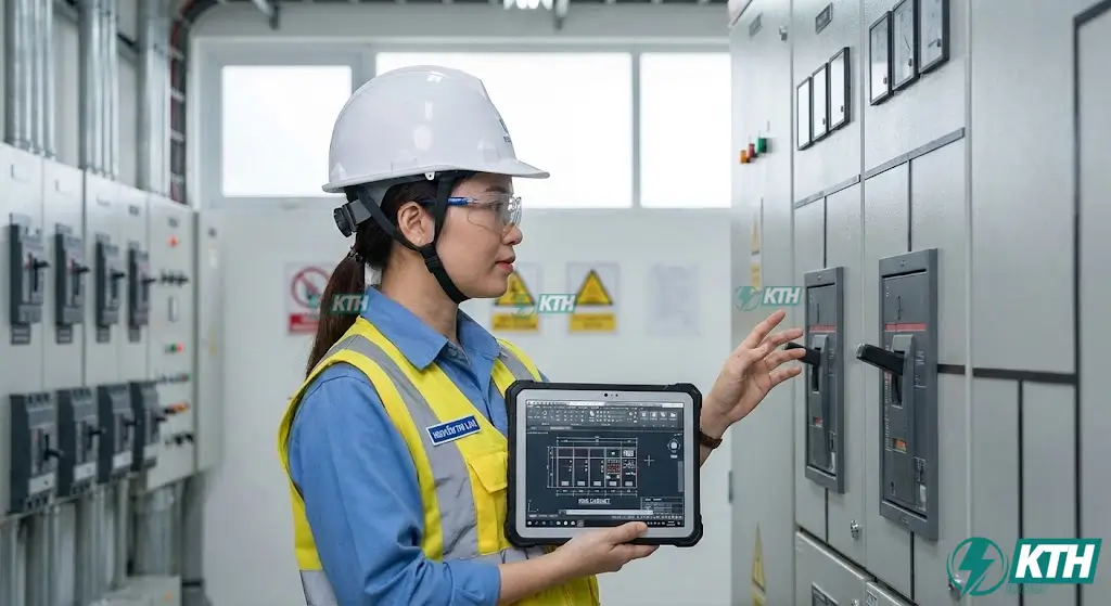 Kỹ sư M&E kiểm tra đối chiếu bản vẽ thiết kế tủ điện MSB và hệ thống điện công nghiệp thực tế tại nhà máy.