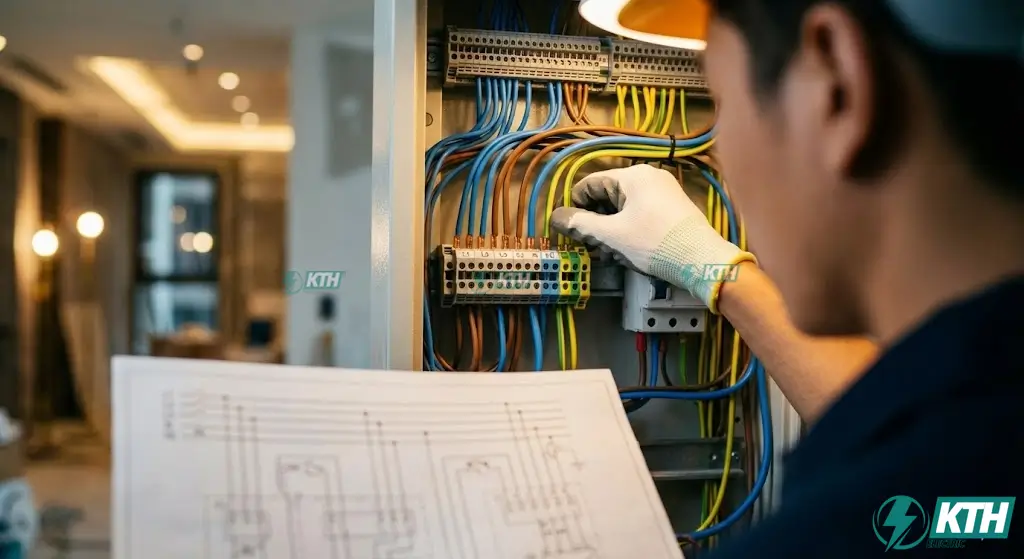 Thi công lắp đặt hệ thống điện tòa nhà tuân thủ tiêu chuẩn IEC 60364 và TCVN 7447 về nối đất an toàn.