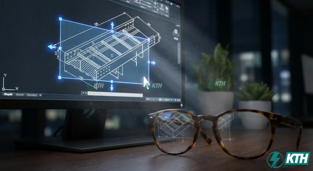 Tính năng Dynamic Block thang máng cáp trong AutoCAD cho phép tùy biến kích thước và phụ kiện co tê tự động.