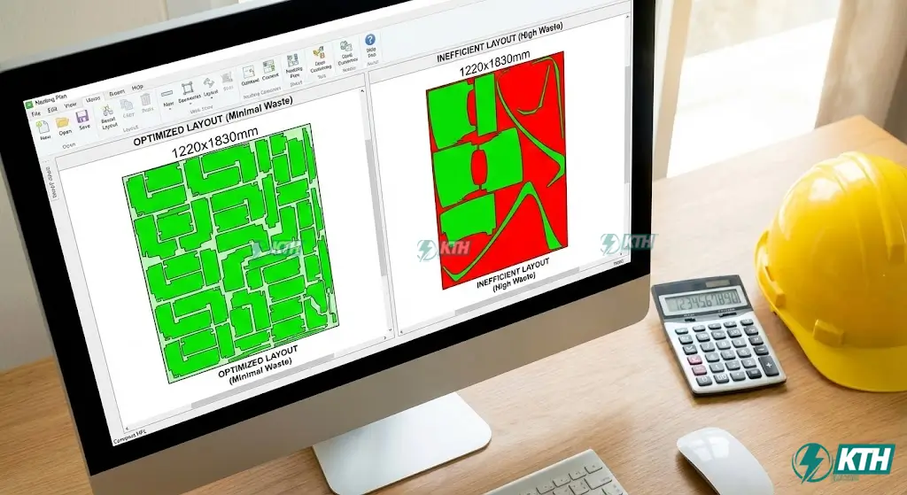 Sơ đồ cắt tấm Compact HPL tối ưu (Nesting) để tiết kiệm vật tư và decal.