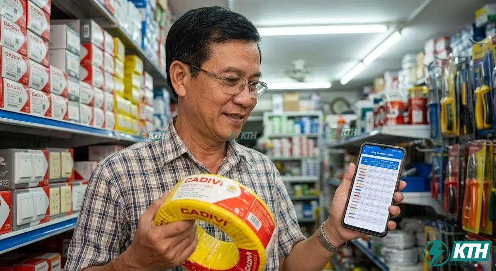 Người dùng đang tra bảng chọn tiết diện dây dẫn theo công suất trên điện thoại khi đi mua dây cáp điện Cadivi chính hãng.