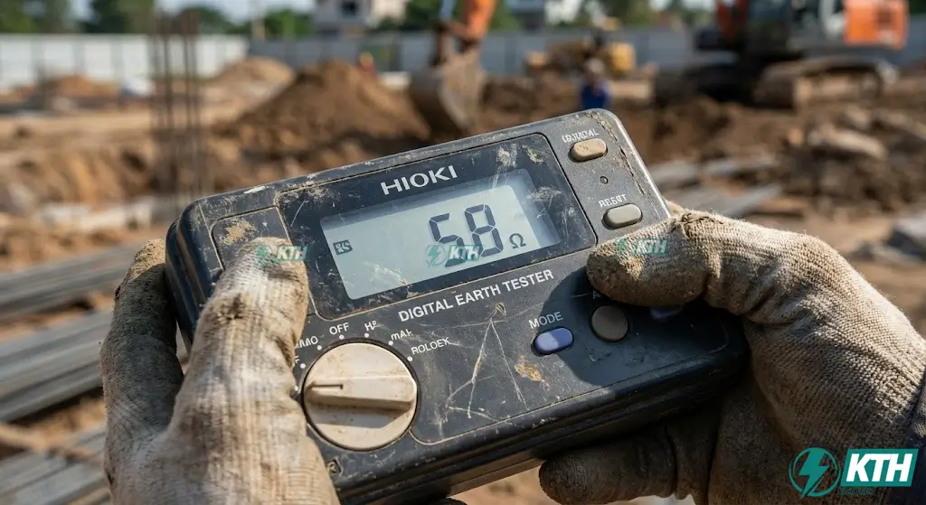 Màn hình máy đo hiển thị trị số điện trở nối đất đạt chuẩn dưới 10 Ohm cho hệ thống chống sét trực tiếp theo quy định Nghị định 136/2020/NĐ-CP.