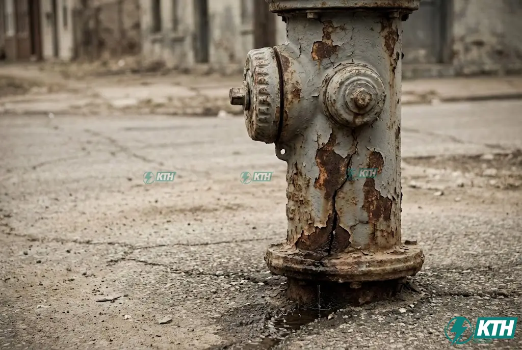 Trụ cứu hỏa cũ bị rỉ sét và rò rỉ nước do không đạt chuẩn TCVN 13537 gây mất an toàn.