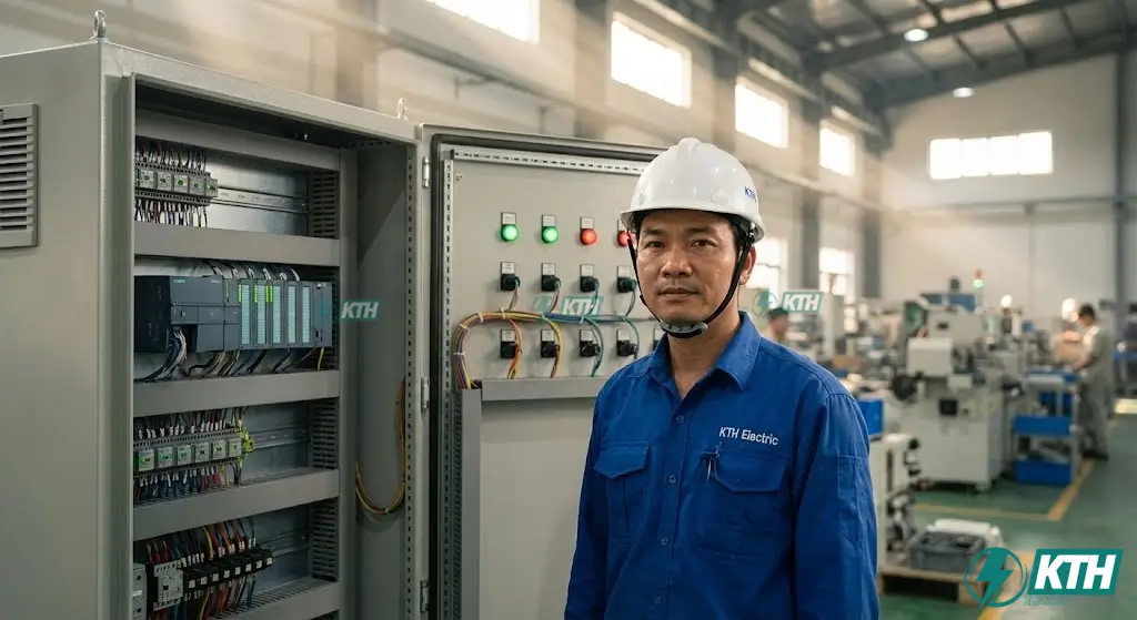 Kỹ sư KTH Electric kiểm tra tủ điện PLC Siemens S7-1200 trước khi bàn giao tại nhà máy.