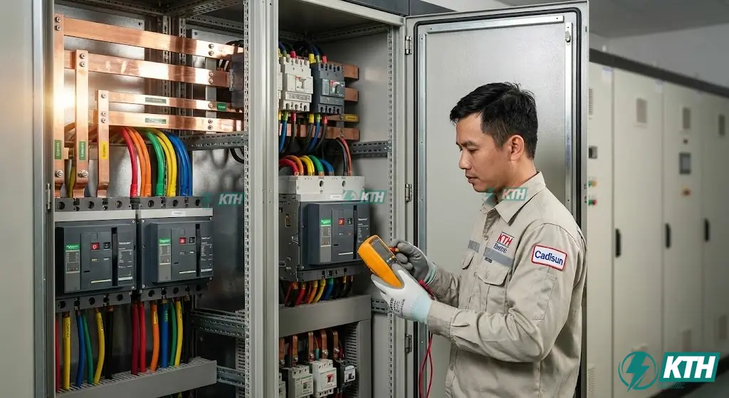 Cận cảnh tủ điện tổng MDB sử dụng thiết bị Schneider và cáp Cadisun được thi công lắp đặt bởi KTH Electric cho nhà máy gạo.