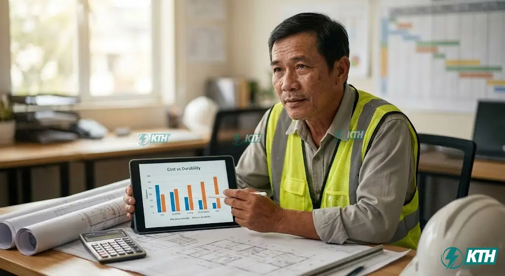 Kỹ sư xây dựng tính toán bài toán kinh tế so sánh chi phí vách ngăn Compact và MFC.