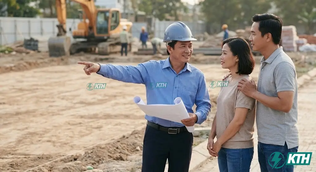 Dịch vụ San Lấp Mặt Bằng Trọn Gói TPHCM: Báo Giá Mới Nhất 2026 3 Chuyên gia KTH Electric tư vấn phương án san lấp mặt bằng và báo giá chi tiết cho chủ đầu tư tại thực địa công trình TP.HCM