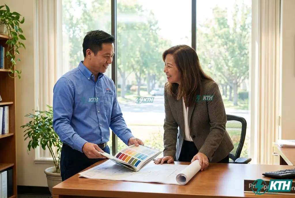 Chuyên gia KTH Electric đang tư vấn giải pháp vách ngăn vệ sinh cho hiệu trưởng trường mầm non.