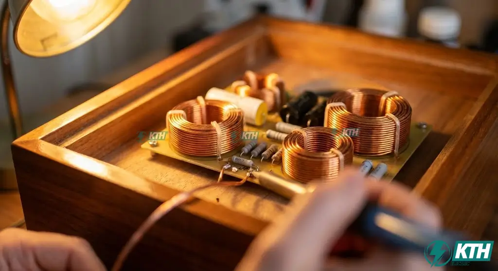 Cảm Kháng Là Gì? Công Thức Tính & Ứng Dụng Kỹ Thuật 5 Cuộn cảm trong mạch phân tần loa có tác dụng tạo ra cảm kháng lớn để chặn âm thanh tần số cao (Treble) đi vào loa Bass.