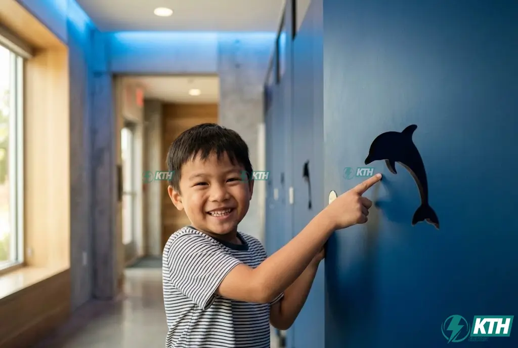 Bé trai thích thú với vách ngăn vệ sinh chủ đề đại dương màu xanh dương có hình cá heo ngộ nghĩnh.