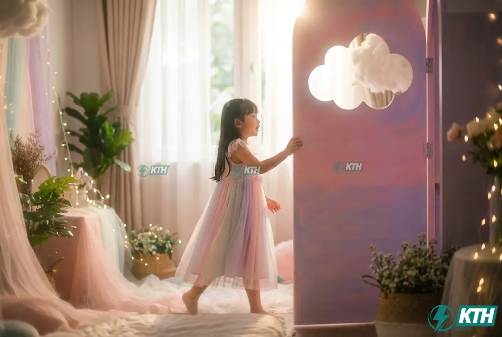 Vách ngăn vệ sinh màu hồng pastel chủ đề cổ tích dành cho bé gái tại trường mầm non.