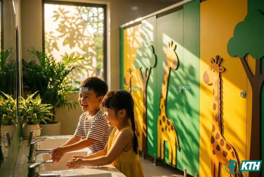 Vách ngăn vệ sinh mầm non chủ đề rừng xanh với màu xanh lá và vàng, trang trí hình hươu cao cổ.