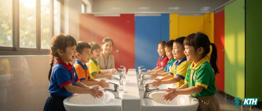 Trẻ mầm non Việt Nam vui vẻ rửa tay trong nhà vệ sinh trường học sạch đẹp với vách ngăn Compact nhiều màu sắc.