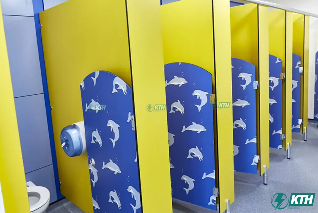 Vách ngăn vệ sinh mầm non hình con vật ngộ nghĩnh màu xanh vàng