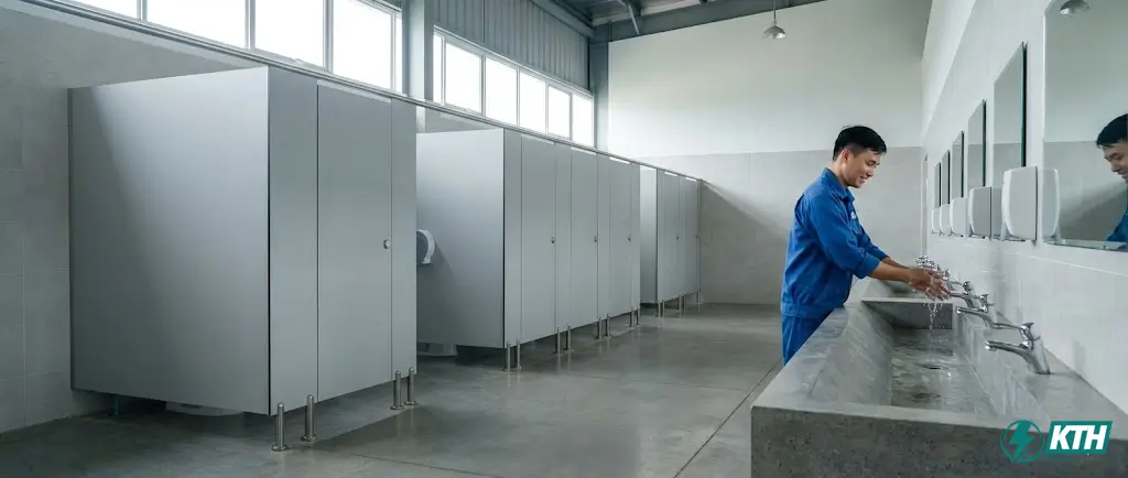 Hệ thống vách ngăn vệ sinh Compact HPL màu ghi sạch sẽ, bền bỉ tại nhà máy khu công nghiệp.