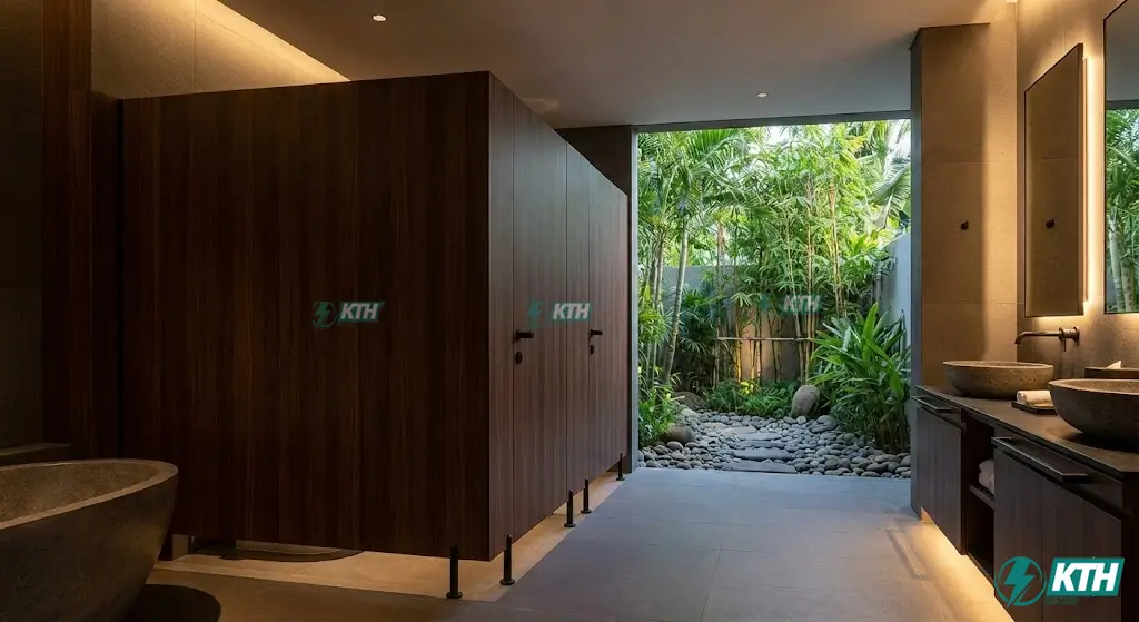 Mẫu thiết kế vách ngăn vệ sinh resort 5 sao không gian mở kết hợp thiên nhiên và gỗ óc chó.