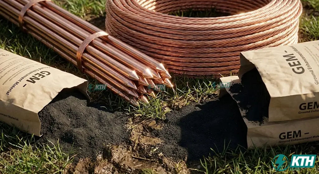Báo Giá Thi Công Chống Sét Trọn Gói 2026 – Chỉ Từ 3.5 Triệu 3 Vật tư thi công bãi tiếp địa gồm cọc thép mạ đồng, cáp đồng trần và hóa chất giảm điện trở GEM chính hãng