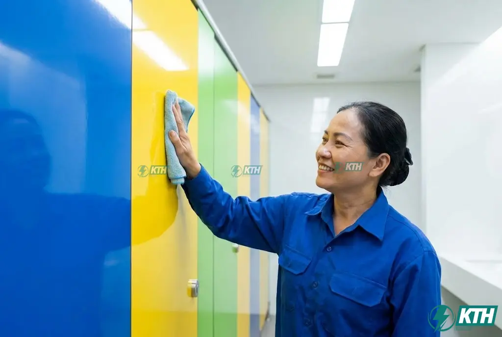 Nhân viên tạp vụ dễ dàng lau chùi vệ sinh bề mặt vách ngăn Compact HPL sáng bóng.