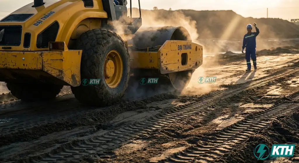 Dịch vụ San Lấp Mặt Bằng Trọn Gói TPHCM: Báo Giá Mới Nhất 2026 2 Xe lu rung tải trọng lớn đang thi công đầm nén nền đất san lấp tại công trình nhà xưởng, đảm bảo hệ số độ chặt K=0.95 chống sụt lún.