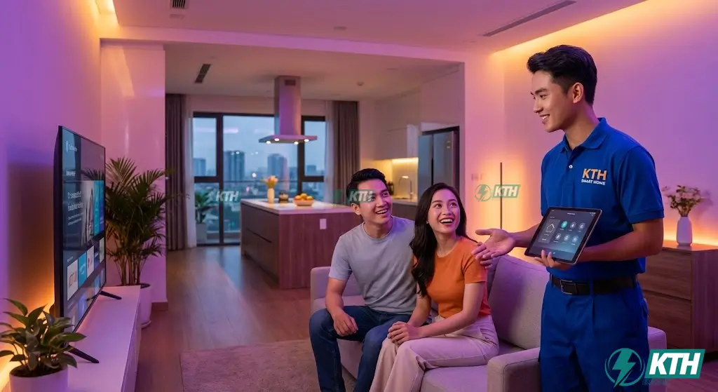 Kỹ thuật viên điện dân dụng tư vấn giải pháp nhà thông minh (Smart Home) tiết kiệm điện năng cho hộ gia đình trẻ năm 2026.