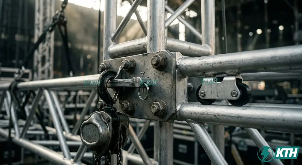 Cận cảnh khớp nối khúc truss module bắt ốc bulong và lồng trượt bánh xe nâng hạ giàn khung