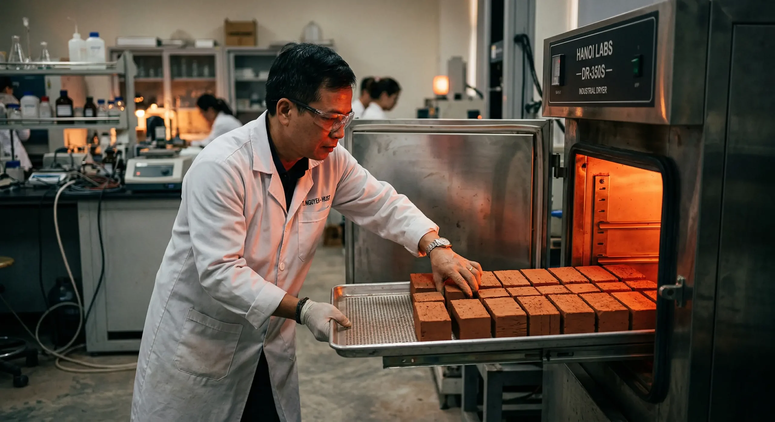 Tổ mẫu thử được đưa vào tủ sấy vật liệu ở nhiệt độ 105 độ C để xác định khối lượng thể tích và đo độ hút nước gạch đỏ.