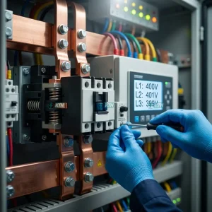 Cấu tạo chi tiết contactor chuyển mạch và bộ điều khiển bên trong tủ điện ATS 3 pha chuẩn IEC 61439.