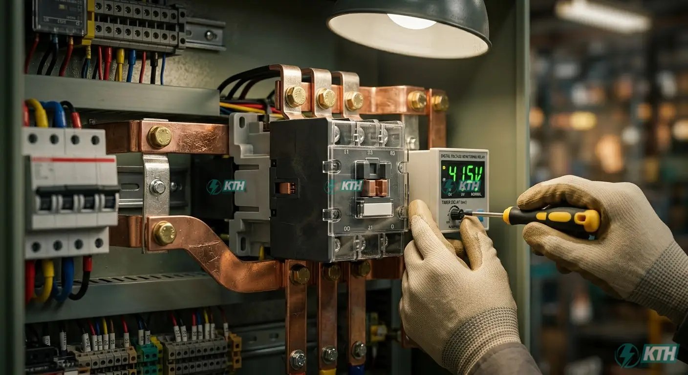 Cấu tạo chi tiết contactor chuyển nguồn và relay giám sát điện áp bên trong tủ ATS tự động.