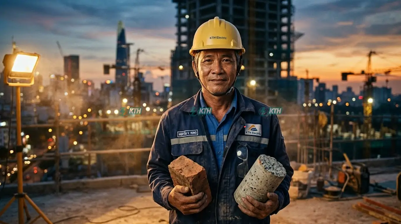 Chuyên gia KTH Electric với 20 năm kinh nghiệm trực tiếp kiểm tra mẫu vật liệu tại công trường trước khi đưa về phòng lab thực hiện dịch vụ thử nghiệm gạch ngói và đá ốp lát chuẩn TCVN HCM.