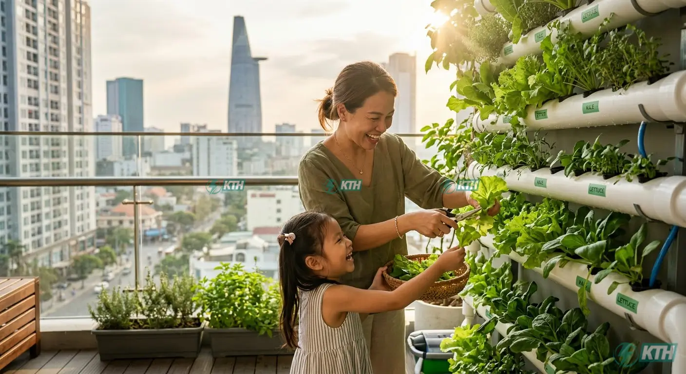 Dịch vụ trồng rau sạch tại nhà trọn gói với giàn thủy canh hồi lưu giúp gia đình Việt có nguồn rau hữu cơ an toàn chuẩn VietGAP.