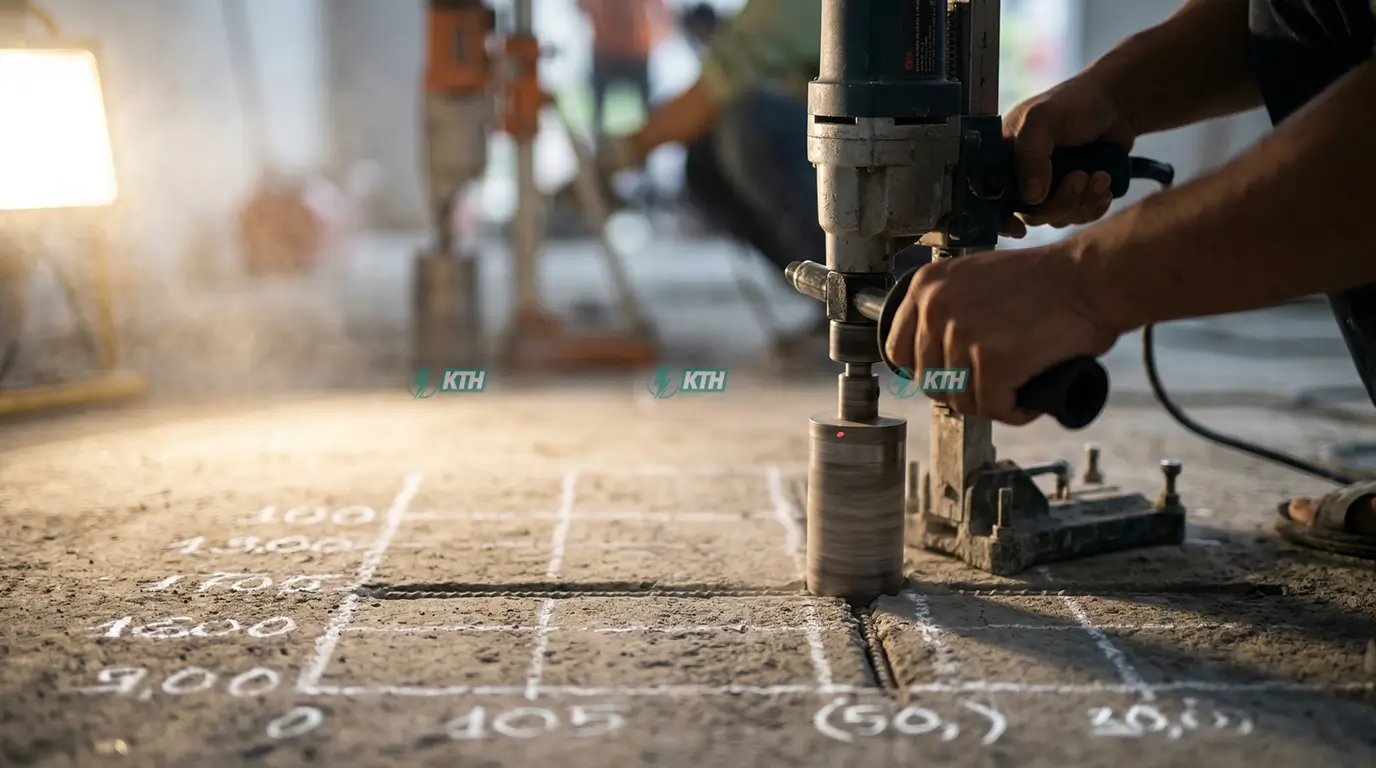 Quy trình siêu âm định vị cốt thép ngầm trước khi khoan rút lõi để ngăn ngừa sự cố đứt thép chịu lực chính.