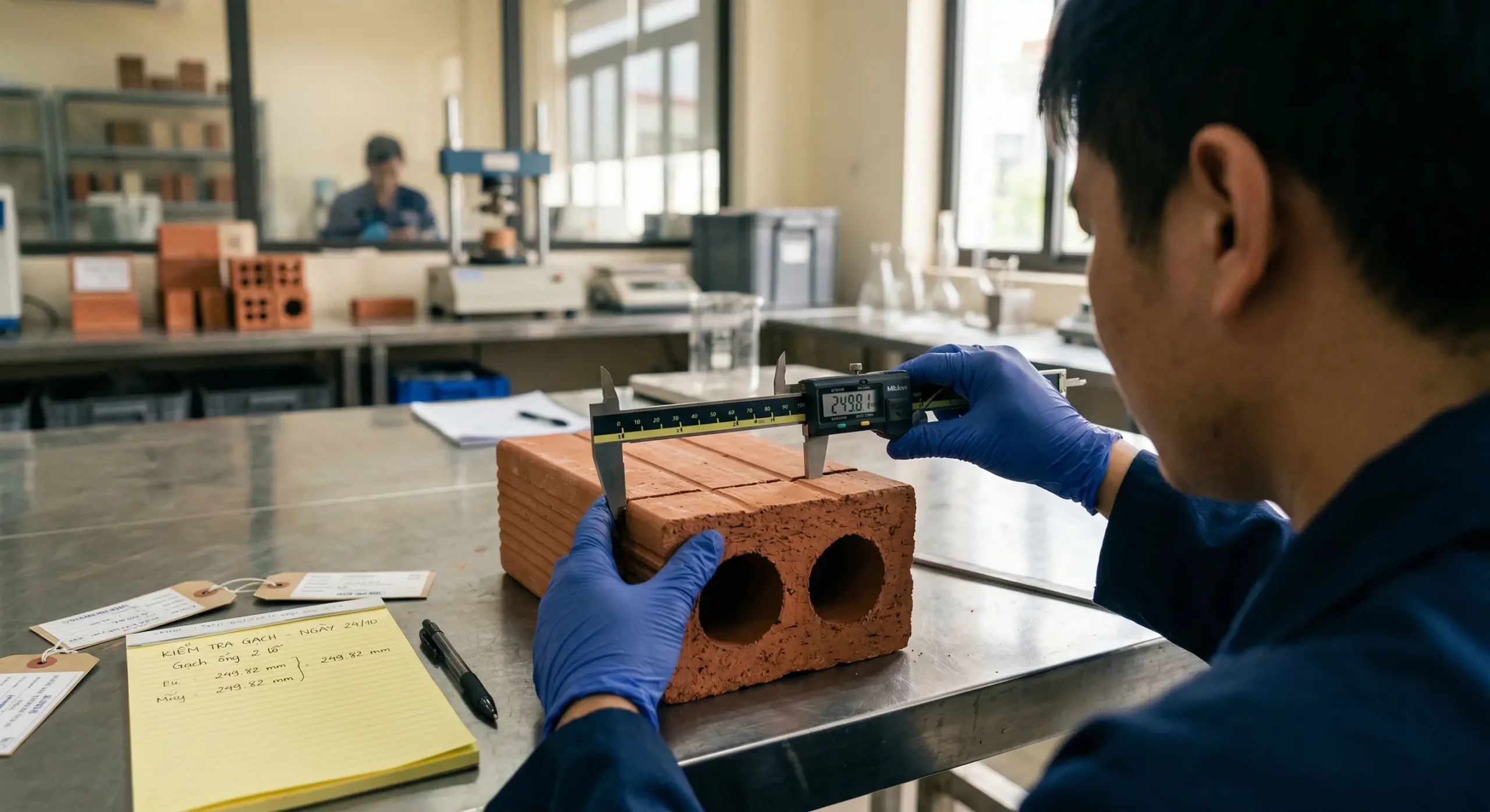 Hướng dẫn thí nghiệm đo kích thước gạch đất sét nung bằng thước kẹp điện tử để xác định mức độ khuyết tật ngoại quan.