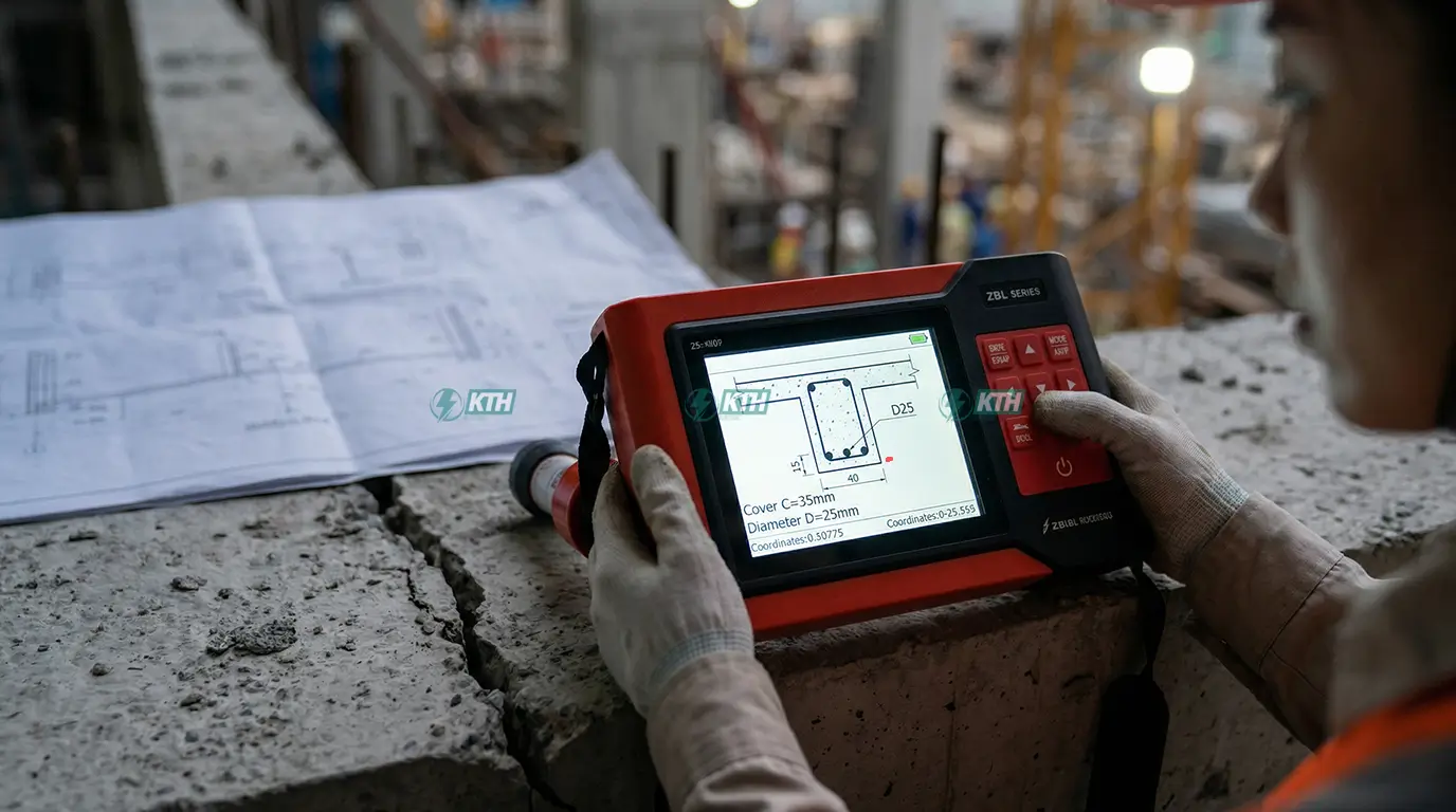 Cận cảnh màn hình thiết bị siêu âm đo chiều dày lớp bê tông bảo vệ và xác định đường kính thép sai số ±1mm.