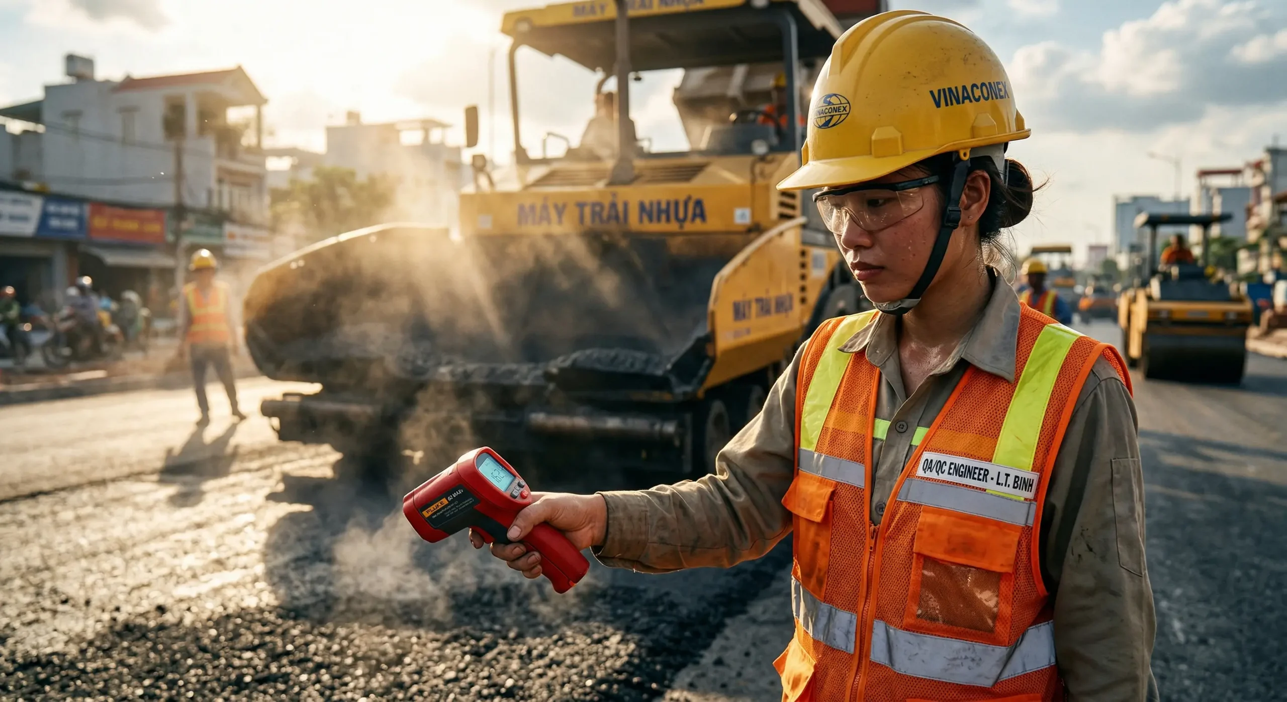 Kỹ sư hiện trường đo nhiệt độ thảm bê tông nhựa nóng bằng súng hồng ngoại chuẩn TCVN 8819.