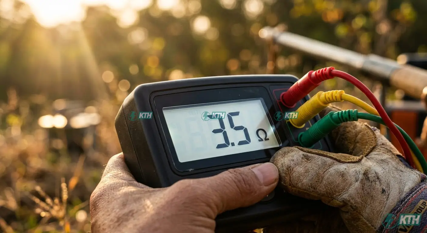 Đồng hồ đo điện trở tiếp địa Kyoritsu hiển thị kết quả biên bản đo nối đất an toàn điện nhỏ hơn 4 Ôm.