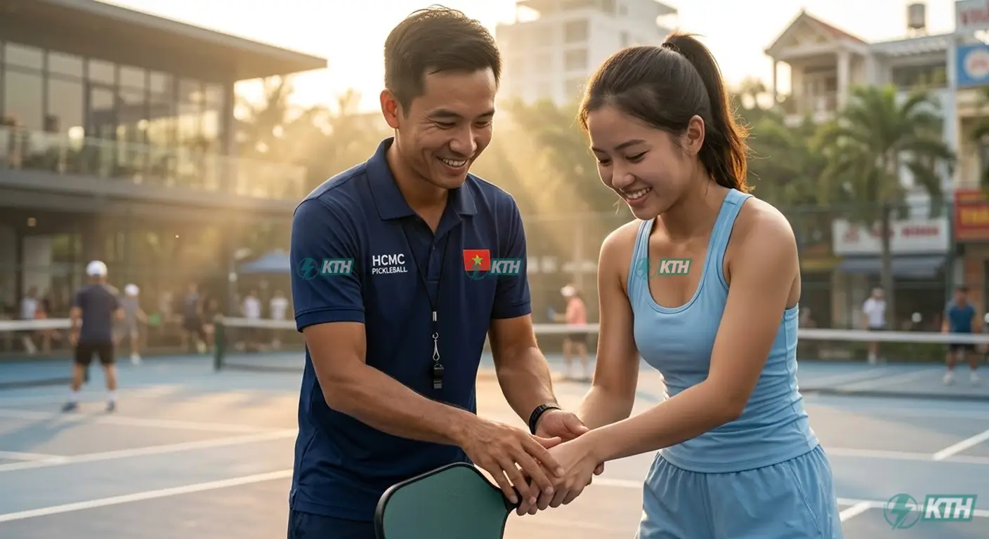 Huấn luyện viên pickleball hướng dẫn kỹ thuật cơ bản cho người mới tập chơi