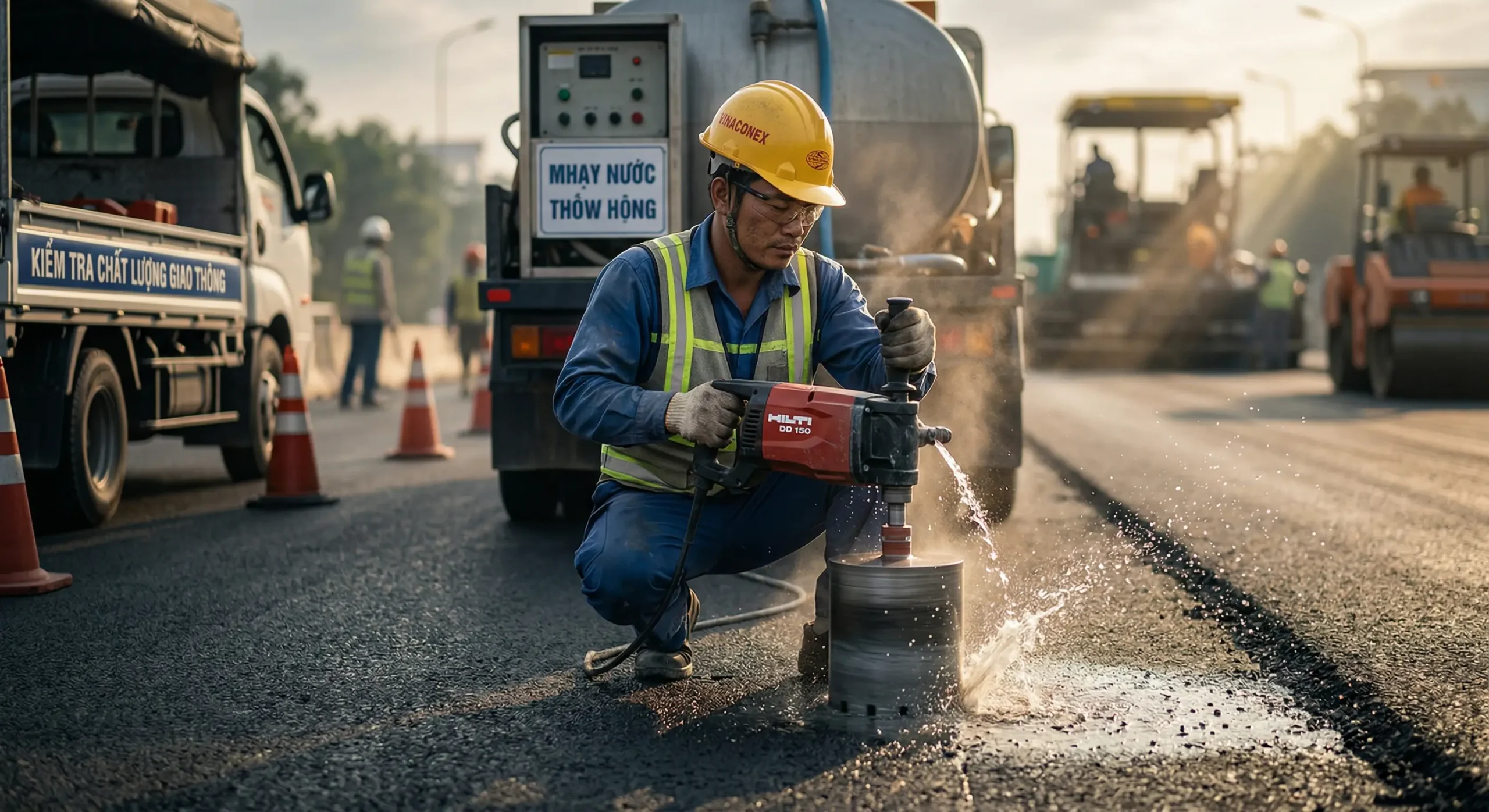 Khoan rút lõi mặt đường asphalt hiện trường để kiểm tra bề dày và đánh giá độ chặt đầm nén K.