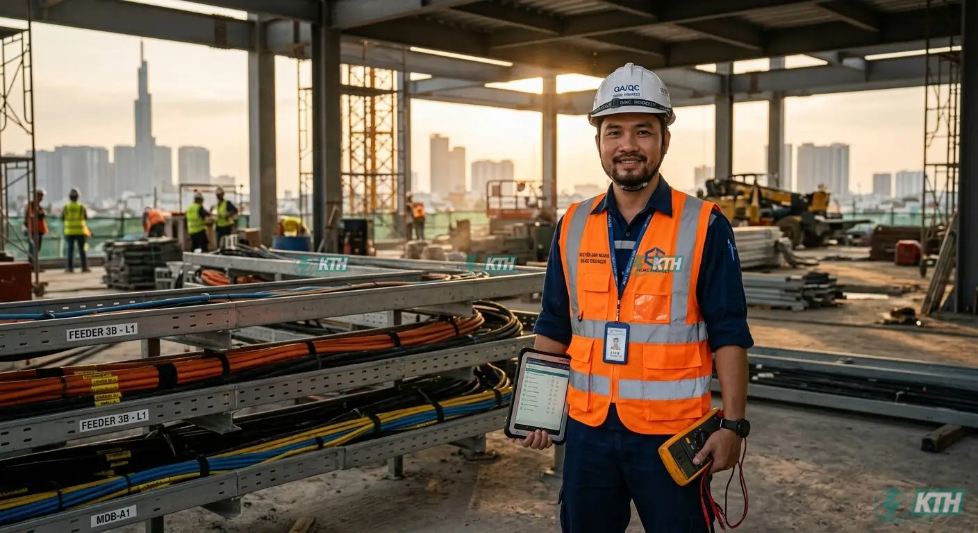 Kỹ sư QA/QC Việt Nam kiểm định chất lượng thang máng cáp tại công trình trước khi đệ trình giấy chứng nhận chất lượng CQ.