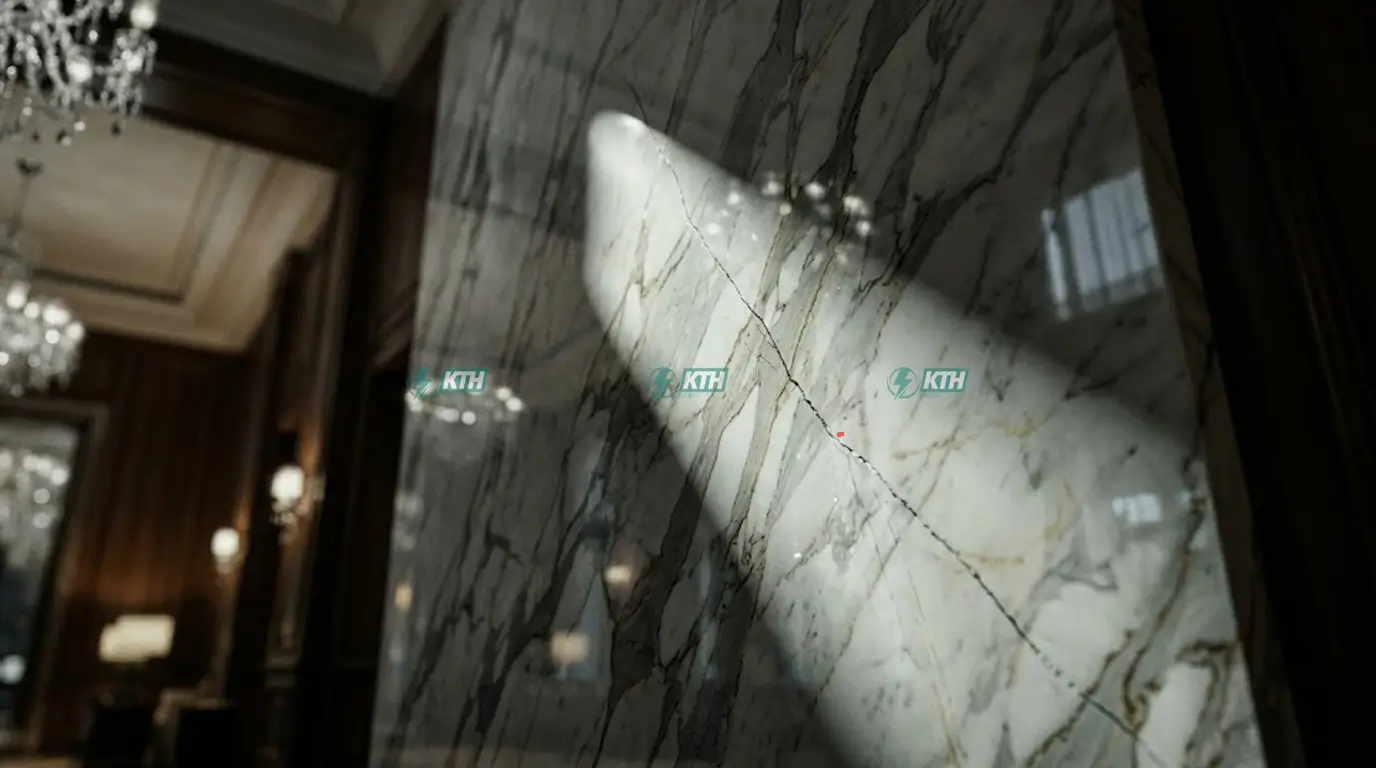 Kỹ thuật viên lab KTH Electric dùng thiết bị siêu âm kiểm tra đường vân, xác định độ bền chịu uốn và độ cứng đá Marble tự nhiên ốp sảnh đắt tiền để tránh rủi ro nứt vỡ.