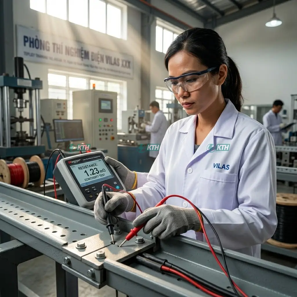 Kỹ thuật viên đo tính liên tục điện và kiểm tra điện trở tiếp xúc qua khớp nối máng cáp điện nhẹ ELV dưới mức 50 mOhm.