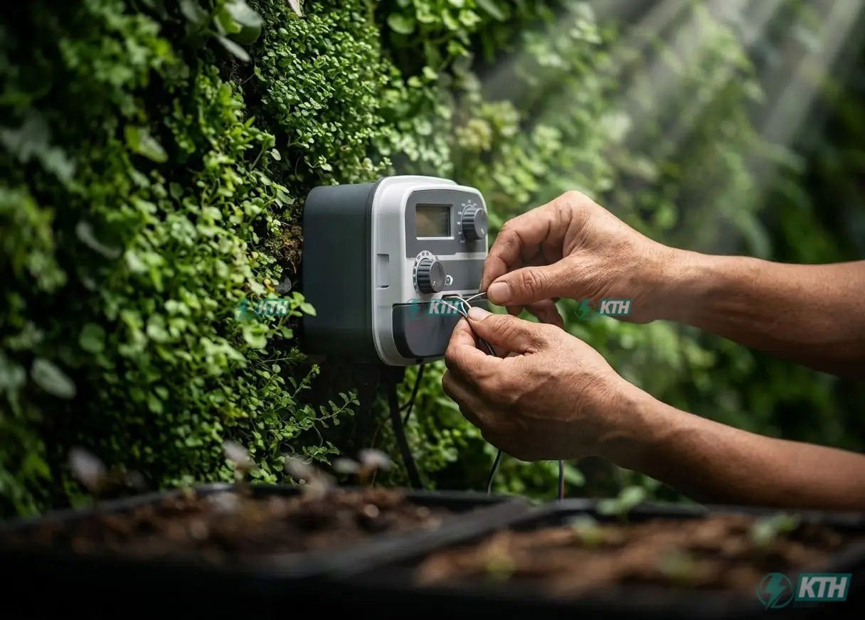 Kỹ sư KTH Electric lắp đặt hệ thống tưới nhỏ giọt tự động hẹn giờ và tủ điện an toàn cho vườn rau sân thượng.