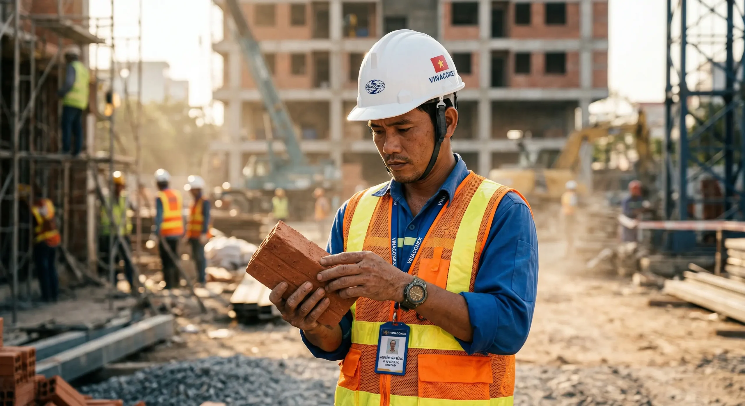 Kỹ sư đang lấy mẫu kiểm định gạch xây tại hiện trường để chuẩn bị thử nghiệm cơ lý gạch đất sét nung chuẩn TCVN.