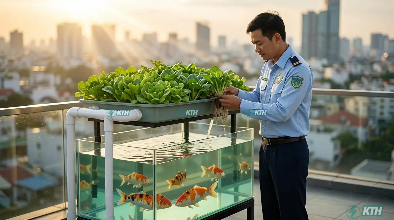 Thiết kế thi công hệ sinh thái tuần hoàn Aquaponics trồng rau kết hợp nuôi cá tự động cho nhà phố đô thị.