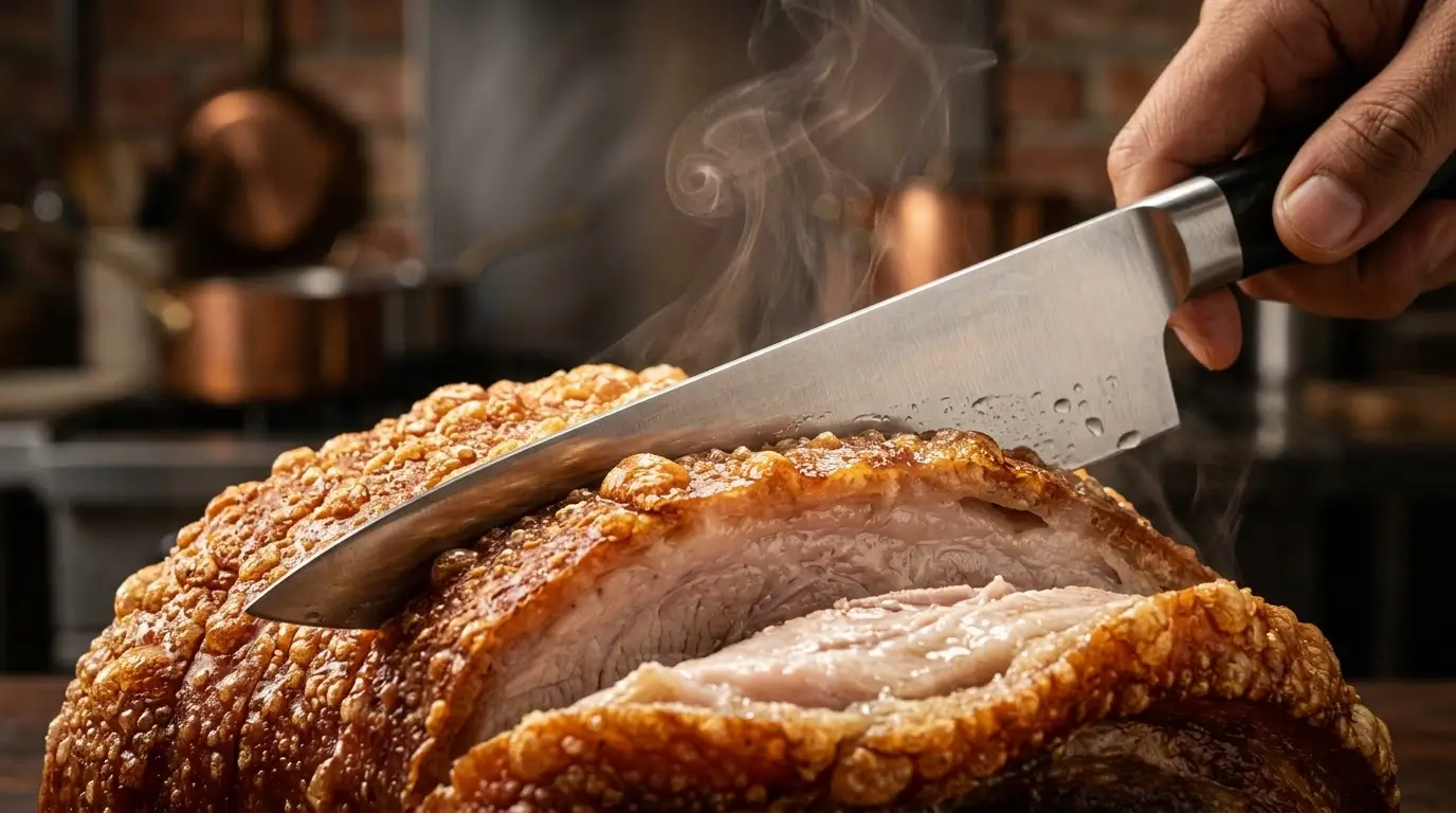 Cận cảnh lớp da heo quay giòn tan và phần thịt mềm ngọt từ dịch vụ nhận gia công heo quay giá rẻ tại KTH Electric.