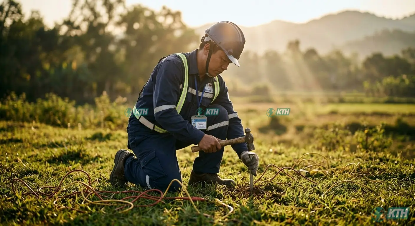Kỹ sư đóng cọc phụ theo phương pháp điện áp rơi 3 cực để đo điện trở nối đất hệ thống PCCC.