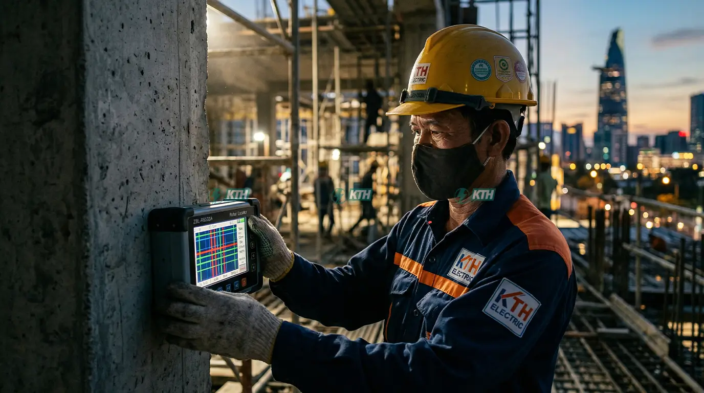 Chuyên gia KTH Electric vận hành máy siêu âm cốt thép ZBL-R6303A kiểm tra không phá hủy dầm sàn chuẩn TCVN 9344 2012.